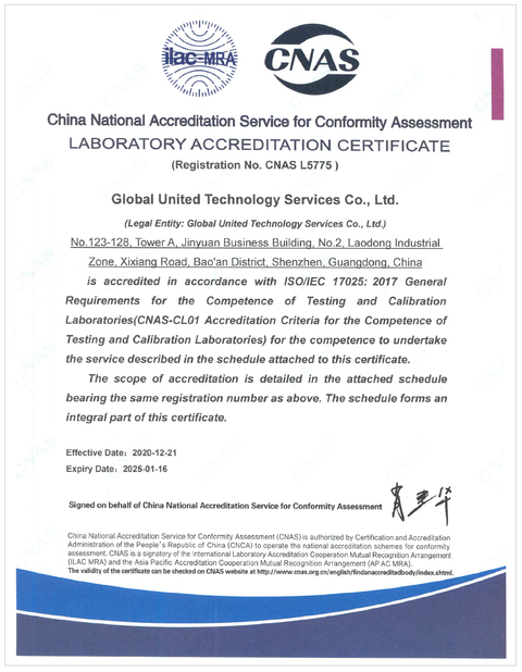 Cina Global United Technology Services Co.,Ltd. Sertifikasi